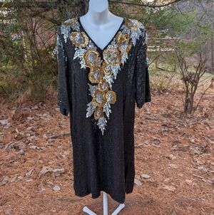 Vintage Jewel Queen Full Sequin Black Silver Gold Womens Silk Cocktail Dress XL